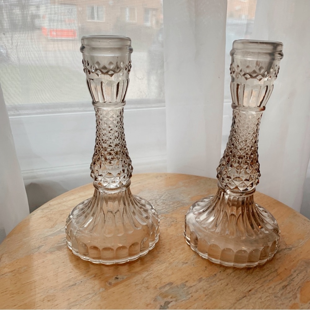 Pale pink glass diamond point candleholder set, possibly vintage